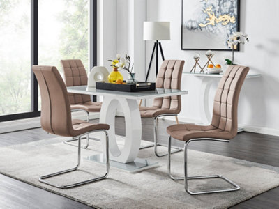 Furniturebox Giovani Rectangular 4 Seat White High Gloss Unique Halo Base Dining Table Grey Glass Top 4 Beige Faux Leather Murano Chairs - image 1