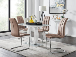 Furniturebox Giovani Rectangular 4 Seat White High Gloss Unique Halo Base Dining Table Grey Glass Top 4 Beige Faux Leather Murano Chairs