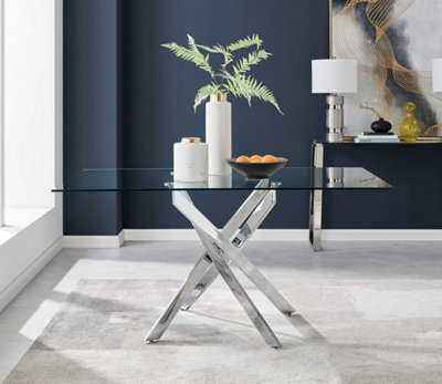 Furniturebox Leonardo 6 Seater Rectangular Glass Dining Table With Silver Chrome Metal Angled Starburst Legs For Modern Minimalist Dining Room - image 1