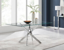 Furniturebox Leonardo 6 Seater Rectangular Glass Dining Table With Silver Chrome Metal Angled Starburst Legs For Modern Minimalist Dining Room - thumbnail 2