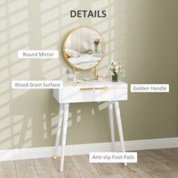Homcom Modern Dressing Table W/ 2 Drawers Round Mirror For Bedroom White - thumbnail 4