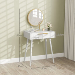 Homcom Modern Dressing Table W/ 2 Drawers Round Mirror For Bedroom White - thumbnail 3