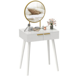 Homcom Modern Dressing Table W/ 2 Drawers Round Mirror For Bedroom White - thumbnail 2