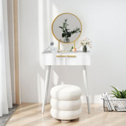 Homcom Modern Dressing Table W/ 2 Drawers Round Mirror For Bedroom White - thumbnail 9