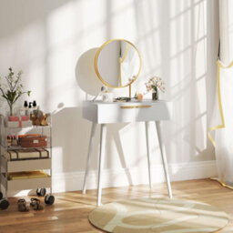Homcom Modern Dressing Table W/ 2 Drawers Round Mirror For Bedroom White - thumbnail 8