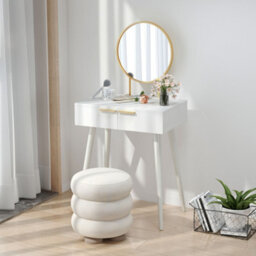 Homcom Modern Dressing Table W/ 2 Drawers Round Mirror For Bedroom White - thumbnail 7