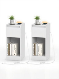Ledrem Nightstands With Power Outlets, Set Of 2 Bedside Tables With Led Light, Space Saving, For Bedroom, Living Room, White - thumbnail 3