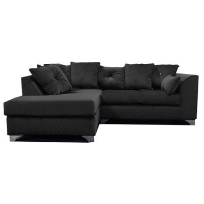 Furnishings For Less UK Victoria Soft Plush Velvet 3 To 4 Seater L Shaped Corner Sofa Black Left Hand Facing - Scatter Back