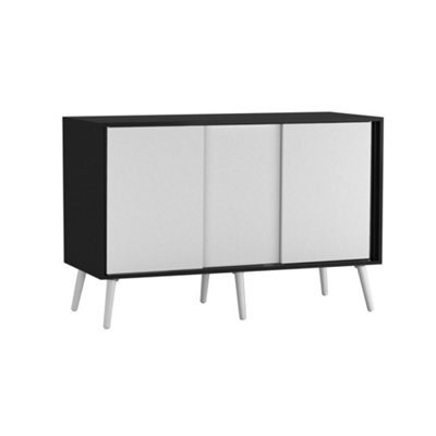 Urbn-Living Urbnliving 3-Door Sliding Cabinet Sideboard Black Carcass With White Doors Storage Organiser Home Cupboard White Wooden Legs - image 1