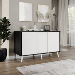 Urbn-Living Urbnliving 3-Door Sliding Cabinet Sideboard Black Carcass With White Doors Storage Organiser Home Cupboard White Wooden Legs - thumbnail 3
