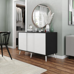 Urbn-Living Urbnliving 3-Door Sliding Cabinet Sideboard Black Carcass With White Doors Storage Organiser Home Cupboard White Wooden Legs - thumbnail 2