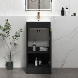 Royal Bathrooms Royal Bathroom Turin 400mm Floor Standing Cloakroom Vanity Unit Ceramic Basin Sink 1 Door Hale Black With Brushed Brass Handle - thumbnail 5