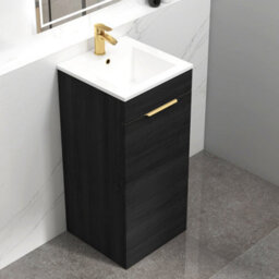 Royal Bathrooms Royal Bathroom Turin 400mm Floor Standing Cloakroom Vanity Unit Ceramic Basin Sink 1 Door Hale Black With Brushed Brass Handle - thumbnail 6