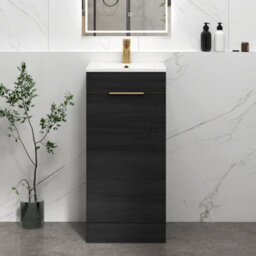 Royal Bathrooms Royal Bathroom Turin 400mm Floor Standing Cloakroom Vanity Unit Ceramic Basin Sink 1 Door Hale Black With Brushed Brass Handle - thumbnail 1