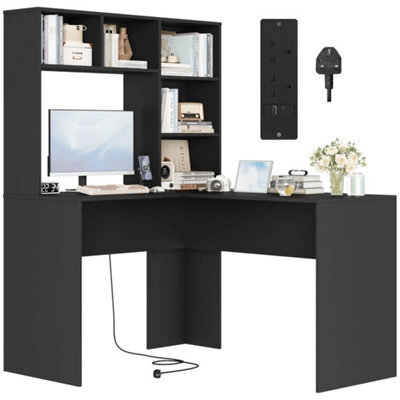 Black L Shaped Desk With Power Outlet Computer Corner Desk With 5 Open Storage Shelves - image 1