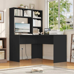 Black L Shaped Desk With Power Outlet Computer Corner Desk With 5 Open Storage Shelves - thumbnail 4