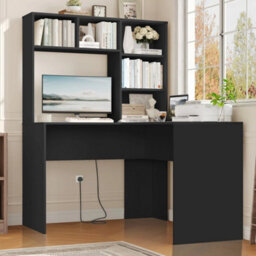 Black L Shaped Desk With Power Outlet Computer Corner Desk With 5 Open Storage Shelves - thumbnail 5