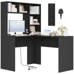 Black L Shaped Desk With Power Outlet Computer Corner Desk With 5 Open Storage Shelves - thumbnail 1