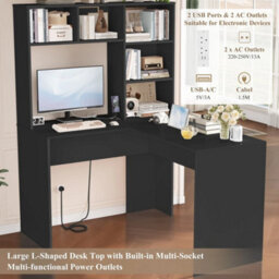 Black L Shaped Desk With Power Outlet Computer Corner Desk With 5 Open Storage Shelves - thumbnail 3