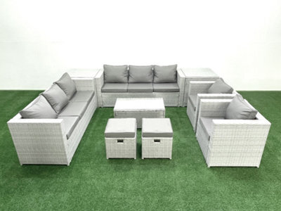 Fimous Outdoor Rattan Sofa Garden Furniture Set 2 Armchairs Oblong Coffee Table 2 Small Stools 2 Side Tables Light Grey - image 1