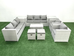 Fimous Outdoor Rattan Sofa Garden Furniture Set 2 Armchairs Oblong Coffee Table 2 Small Stools 2 Side Tables Light Grey - thumbnail 2