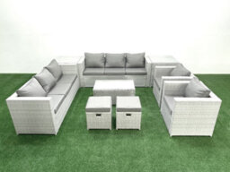 Fimous Outdoor Rattan Sofa Garden Furniture Set 2 Armchairs Oblong Coffee Table 2 Small Stools 2 Side Tables Light Grey - thumbnail 1