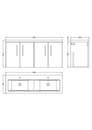 Balterley Bramshall 1200mm Wall Hung 4 Door Double Basin Vanity Unit For Modern Bathroom Storage - Satin Grey - thumbnail 2