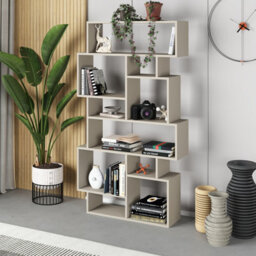 Decortie Karmato Modern Bookcase Display Unit With 10 Compartments Sandstone 168.5Cm Tall - thumbnail 1
