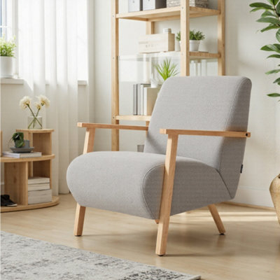 Darphe Modern Grey Chenille Armchair With Wooden Armrests - image 1