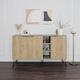 Decortie Clara Sideboard Console Cabinet Modern Storage Shelves Hairpin Legs Ash Green, Oak 142Cm