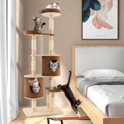 Gainoom 6-Tier Beige Cat Tree 190 Cm Rubber Wood Cat Tower Furniture W/ Sisal Scratching Posts - thumbnail 4