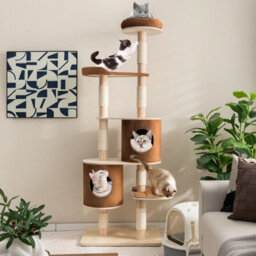 Gainoom 6-Tier Beige Cat Tree 190 Cm Rubber Wood Cat Tower Furniture W/ Sisal Scratching Posts - thumbnail 1
