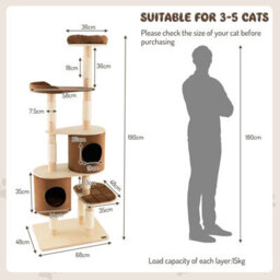 Gainoom 6-Tier Beige Cat Tree 190 Cm Rubber Wood Cat Tower Furniture W/ Sisal Scratching Posts - thumbnail 2