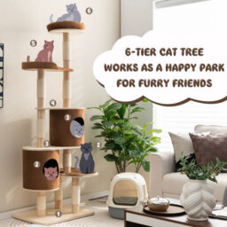 Gainoom 6-Tier Beige Cat Tree 190 Cm Rubber Wood Cat Tower Furniture W/ Sisal Scratching Posts - thumbnail 3