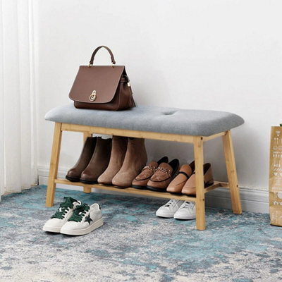 2 Tier Wooden Shoe Bench Storage Rack Linen Fabric Cushion Padded Seat - image 1