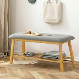 2 Tier Wooden Shoe Bench Storage Rack Linen Fabric Cushion Padded Seat - thumbnail 5