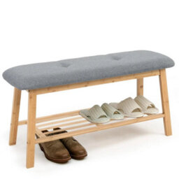 2 Tier Wooden Shoe Bench Storage Rack Linen Fabric Cushion Padded Seat - thumbnail 4