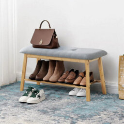 2 Tier Wooden Shoe Bench Storage Rack Linen Fabric Cushion Padded Seat - thumbnail 1