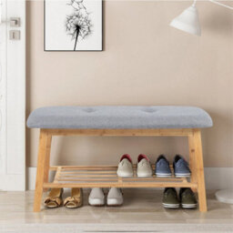 2 Tier Wooden Shoe Bench Storage Rack Linen Fabric Cushion Padded Seat - thumbnail 3