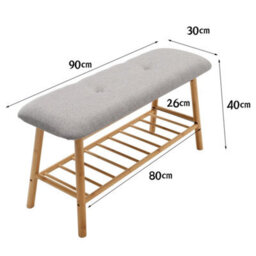 2 Tier Wooden Shoe Bench Storage Rack Linen Fabric Cushion Padded Seat - thumbnail 2