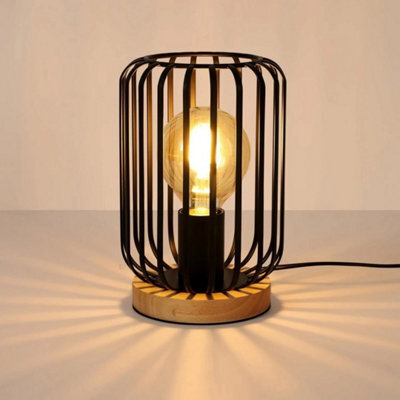 Industrial Metal Table Lamp Cage Led Bedside Desk Lamp Light Wooden Base Bedroom