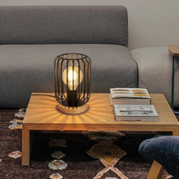 Industrial Metal Table Lamp Cage Led Bedside Desk Lamp Light Wooden Base Bedroom - thumbnail 8
