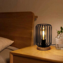 Industrial Metal Table Lamp Cage Led Bedside Desk Lamp Light Wooden Base Bedroom - thumbnail 5