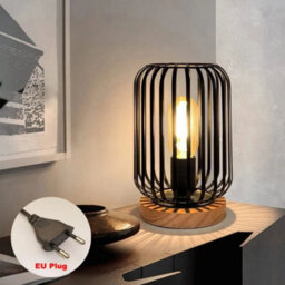 Industrial Metal Table Lamp Cage Led Bedside Desk Lamp Light Wooden Base Bedroom - thumbnail 3