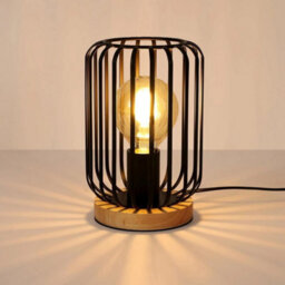 Industrial Metal Table Lamp Cage Led Bedside Desk Lamp Light Wooden Base Bedroom - thumbnail 1
