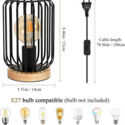 Industrial Metal Table Lamp Cage Led Bedside Desk Lamp Light Wooden Base Bedroom - thumbnail 2