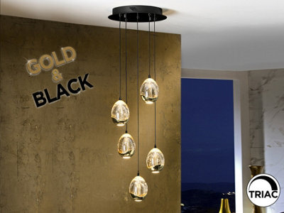 Luminosa Lighting Luminosa Rocio Cluster Pendant Ceiling 5 Light Black, Gold Led 3000K - Uk Stock