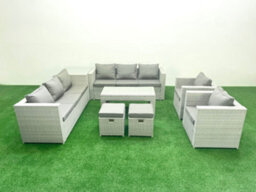 Fimous Outdoor Garden Furniture Rattan Sofa Set 2 Armchairs Oblong Coffee Table 2 Small Stools Side Table Light Grey - thumbnail 1
