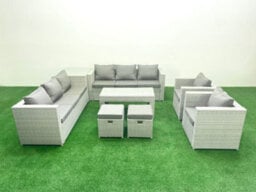 Fimous Outdoor Garden Furniture Rattan Sofa Set 2 Armchairs Oblong Coffee Table 2 Small Stools Side Table Light Grey - thumbnail 2