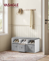 LEDREM Shoe Bench With Cushion, Shoe Storage Bench With 6 Compartments And 3 Adjustable Shelves, Hallway Bench, Cloud White - thumbnail 1